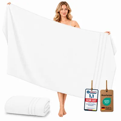 Produktbild von Komfortec Badetuch 100x200 cm aus 100% Baumwolle, Saunatuch XXL, Weich, Groß, Frottee, Schnelltrocknend, Weiß, KI-generiertes Bild