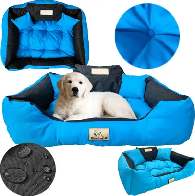 A collage of images showing a blue dog bed with a golden retriever puppy inside, close-ups of the bed's material and construction, and a smaller view of the bed.