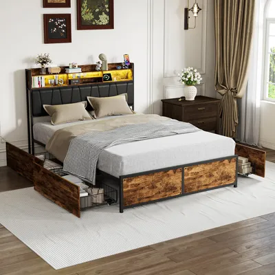Produktbild von Polsterbett 180x200 cm mit 4 Schubladen, Bett mit Stauraum Kopfteil, USB & Type-C Anschluss, LED, Metallrahmen, gepolsterte Rückenlehne, Doppelbett Jugendbett, Vintage Braun Schwarz