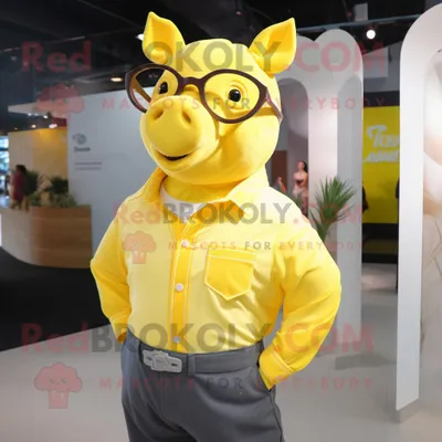 Immagine prodotto di Personaggio del costume della mascotte REDBROKOLY della scrofa gialla vestito con camicia in popeline e occhiali da sole