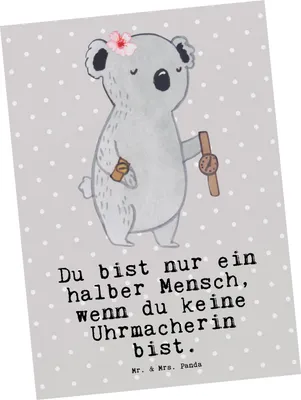 Produktbild von Mr. & Mrs. Panda Postkarte Uhrmacherin Herz - Grau Pastell - Geschenk, Ansichtskarte, Ansichtskarten, Postkarten, bildkarte, Grußkarte