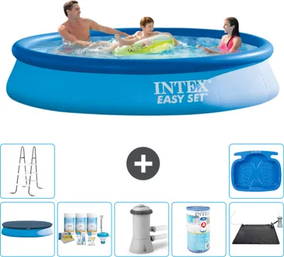 Produktbild von Intex runder aufblasbarer Easy-Set-Pool – 366 x 76 cm – Blau – im Lieferumfang enthalten Abdeckung - Wartungspaket - Filterpumpe für Schwimmbad - Filter - Solarmatte - Leiter