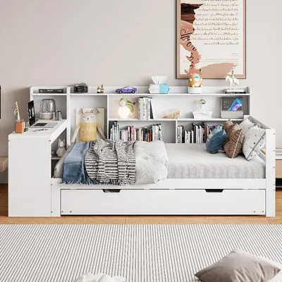 Imagen del producto de Sofá cama de 90x200 cm de madera maciza con cama extraíble, escritorio, estanterías y toma de corriente. Cama de madera blanca, ideal para dormitorios juveniles o habitaciones de invitados