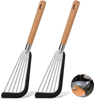Image de Spatules en silicone, lot de spatules de cuisine, manche en bois résistant à la chaleur et acier inoxydable, pour poêles antiadhésives, poisson, œufs, steaks, crêpes