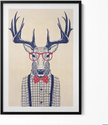 Produktbild von Hirsch in Hemd und Jazzschleife– Wandbild mit Rahmen – Gerahmtes Bild  – Wanddekoration – 70x100 cm –  Schwarz Rahmen