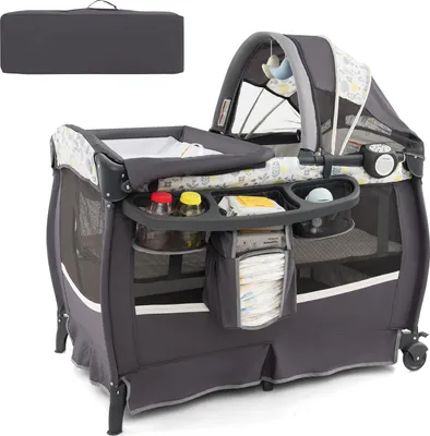 Produktbild von DREAMADE 4 in 1 Reisebett mit Matratze, 102 x 73 cm Babybett mit Rollen, Wickelauflage & Wiege, Klappbares Beistellbett Baby 0-36 Monate bis 15 kg (Blätter)