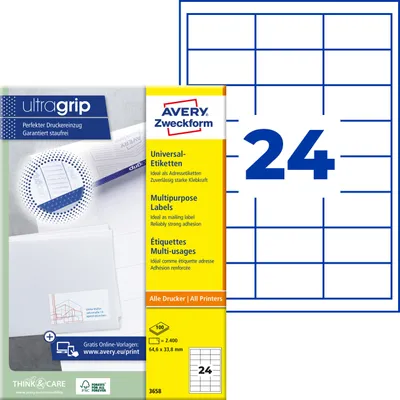 Produktbild von Avery Zweckform 3658, Universal-Etiketten, A4, Qualitätsdruck mit: ultragrip, 64,6 x 33,8 mm, 2.400 Etiketten / 100 Bögen, weiß