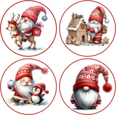 Produktbild von Weihnachten Gnome Wichtel Set A4 - 4 Motive essbar für Lebkuchen, Cupcakes, Kekse, Kuchen in verschiedenen Durchmessern  Saracino Cake Paper - leicht raue Oberfläche Ausstanzung rund  4,5 cm 24 Stk.