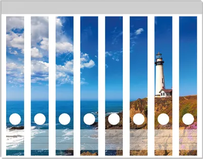 Produktbild von Wallario Ordnerrücken Sticker, selbstklebend für schmale Ordner, 8 Stück, Motiv Leuchtturm auf einem Felsvorsprung - Blauer Himmel