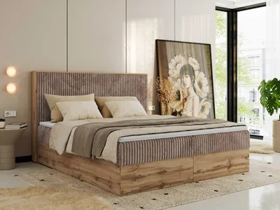 Obrázek produktu pro Kontinentální postel, box z laminované desky WOOD CLASSIC  140x200 cm Vícekapsová matrace Středně tvrdé (H3)|Hnědá - Manšestr - Topper T25