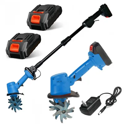 Produktbild von 2-in-1 Akku-Bodenfräse, 100mm, elektrische Gartenfräse Mit 2 Stangen, 235 U/min, batteriebetriebener Rototiller für Gartenarbeit, 2 Akku und Ladegerät