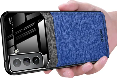Produktbild von Galaxy S22 5G Hülle, TPU Stossfest Anti-rutsch Leder Glas Len Hybrid Schutzhülle für Samsung Galaxy S22 5G Blau