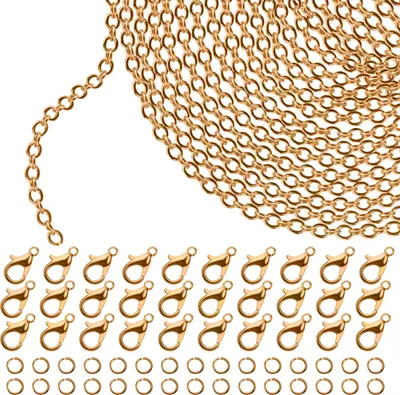 Produktbild von Kurtzy Goldene Kette zum Ketten Selber Machen Schmuck Herstellen - 10m x 1,5mm Eisen Gliederkette Gold, 30 Karabinerhaken & 30 Geteilte Sprungringe -