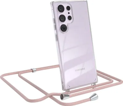 Produktbild von EAZY CASE Handykette kompatibel mit Samsung Galaxy S23 Ultra, Handyhülle mit Umhängeband, Handykordel, Schutzhülle Clear, Band in Rosa