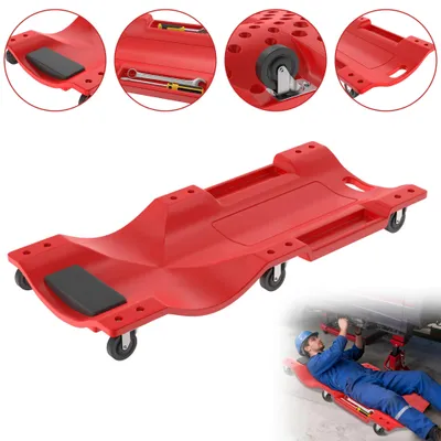 Obrázek produktu pro Pracovní deska na kolečkách – montážní deska pro automobily – plast – podpora hlavy – 6 koleček – nosnost 150 kg – rozměry 92 × 43 × 11,5 cm