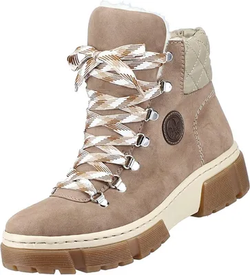 A single beige winter boot with white and brown laces is shown against a white background.