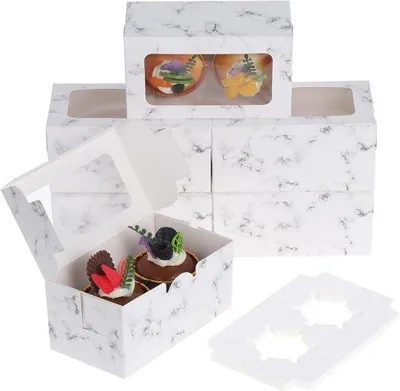 Produktbild von 50 Kartoneneinzelverpackungen für 2 Kuchen mit Fenster - Weiß Marmor