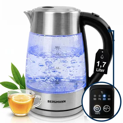 Zdjęcie produktu dla Szklany czajnik BERGMANN FR003 1,7L do kuchni, czajnik elektryczny o mocy 2200W z regulacją temperatury i podświetleniem LED