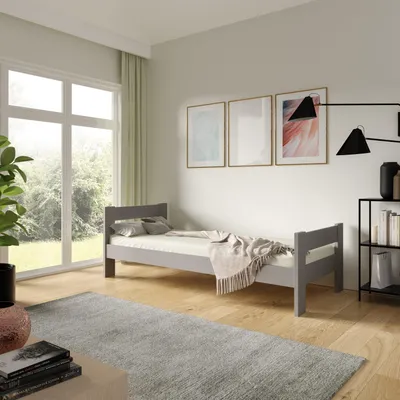 Produktbild von Masseno Kinderbett OSCARO 90x200 cm Einzelbett für Mädchen und Jungs, Holz, Hellgrau
