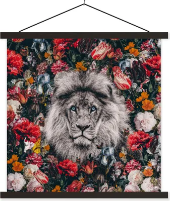 Produktbild von MuchoWow® Textilposter Löwen - Blumen - Farbe 90x90 cm mit schwarzem Rahmen - Magnetisches