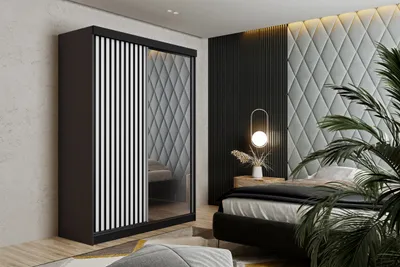 Produktbild von Schiebetürenschrank MALANI 138x205, Schrank, Garderobe, 2-türig, Kleiderschrank, mit Spiegel - Anthrazit (Korpus) + Weiß (Tür) + Schwarz (Lamellen)
