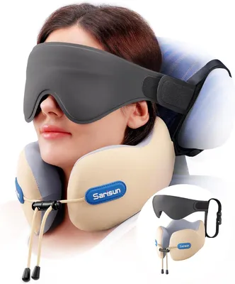 Zdjęcie produktu dla Poduszka podróżna pod kark z maską do spania 3D, beżowa, do wakacji