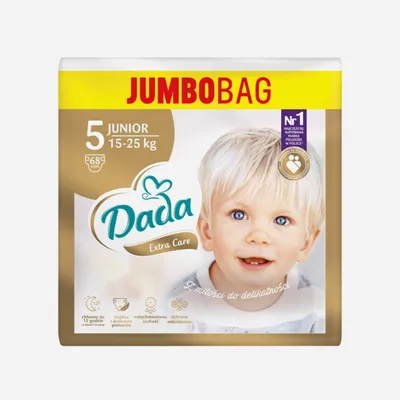 A product shot of Dada Extra Care Junior diapers, featuring a child's face and product branding.