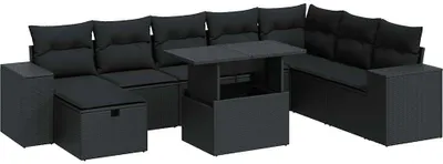 Produktbild von 9-tlg. Garten-Sofagarnitur mit Kissen Schwarz Poly Rattan