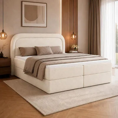 Produktbild von Boxspringbett BONITO 140x200 cm Komplett-Set mit Bettkasten, Bonell-Matratze H3 und Topper, Bouclé Creme