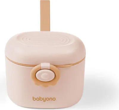 A pink and beige baby food container with a handle on top.