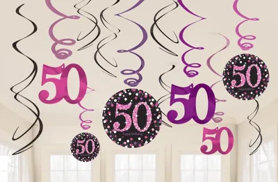 Zdjęcie produktu dla 50. urodziny 12 girland Swirl różowo-czarne