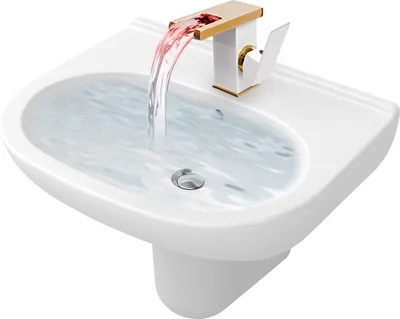A white sink with a modern faucet with gold accents, and water flowing into it.