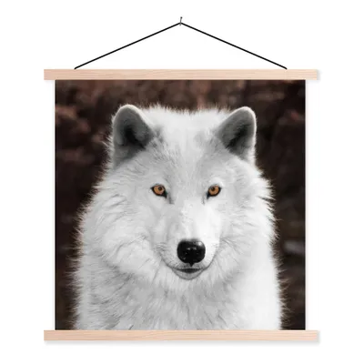 Produktbild von MuchoWow® Textilposter Wolf - Weiß - Porträt 40x40 cm mit holzfarbenen Rahmen - Posterleiste