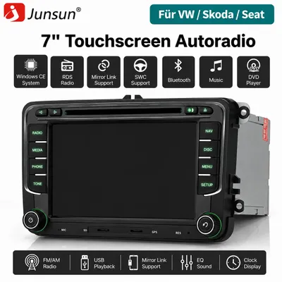 Obrázok produktu pre Rádio do auta s CD/DVD, systémom Carplay, operačným systémom Windows CE, určené pre modely VW Polo, Golf 5/6, Tiguan, Passat, Touran T5. Obsahuje GPS navigáciu, Bluetooth, DAB+, ovládanie funkcií z volantu (SWC), USB port a digitálny zosilňovač (DSP), Obrázok generovaný UI