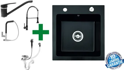 Produktbild von [Granitspüle 48x50 Schwarz +Armatur] Hochwertig beidseitig Montierbar Küchenspüle Eckig Einbaugranitspüle Granit Spülbecken f. Unterschränke ab 45 cm inkl. Siphon Set, Armatur:Klein