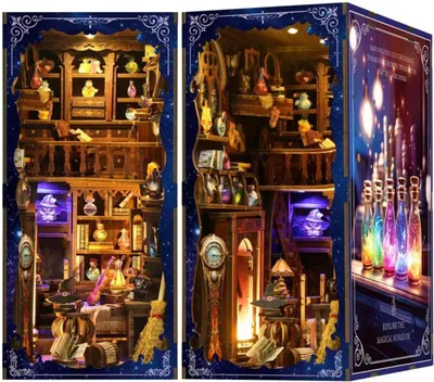 Image de Habarri | DIY Book Nook - Potions magiques - Puzzle 3D - Kit maison miniature avec meubles et lumière LED - Kit coin de livre