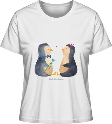 Produktbild von Mr. & Mrs. Panda Oberteil Damen Pinguin Pärchen Größe L - Weiß - Geschenk, Basic T-Shirt, Pinguine, Hochzeitstag, Liebe, Shirt, Baumwoll, Verknallt