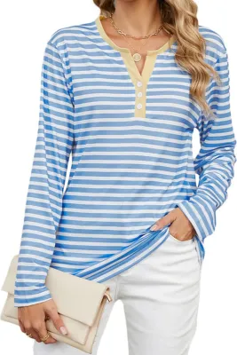 Produktbild von ASKSA Damen T-Shirt V Ausschnitt Knopf Gestreift Langarmshirts Basic Laessig Bluse Elegant Lose Oberteile (Blau,XXL)