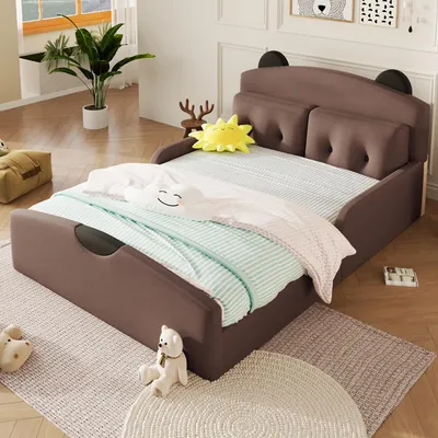 Obrázok produktu pre STILVORA platforma s posteľou 140x200 cm, s poťahom z ľanu, čalúnená posteľ s opierkou v medvedíkom dizajne, dvojlôžko vrátane 2 ozdobných vankúšikov, ľan