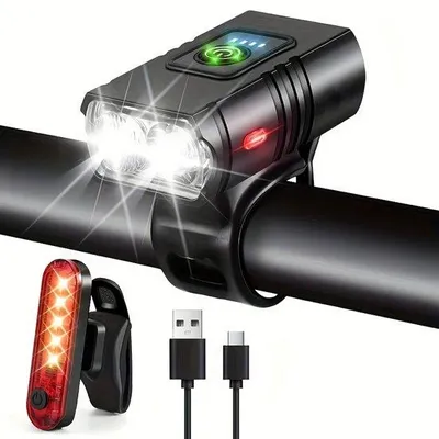 Zdjęcie produktu dla Zestaw lamp rowerowych, 2 sztuki, przednia i tylna, 4 tryby pracy, ładowanie przez USB, superjasna lampka nocna LED, montaż na kierownicy, do rowerów szosowych i górskich