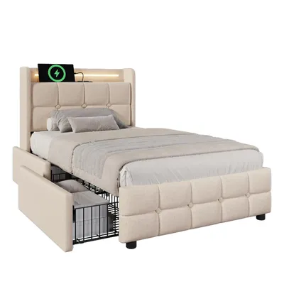 Produktbild von Flieks Polsterbett 90x200cm mit USB und Steckdosen, Jugendbett Einzelbett mit 2 Schubladen, Stauraumbett Massivholzbett mit LED und Lattenrost, Leinen, Beige