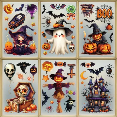 Halloween-Fensterbilder, 6 Blätter, 49 Aufkleber, PVC