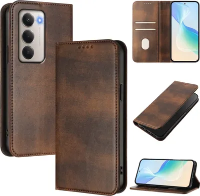 Image de Housse de téléphone portable pour Xiaomi Redmi 15 5G/4G, Vintage Cuir RFID Protection Porte-carte Stand Fonction Magnétique Housse à rabat Marron