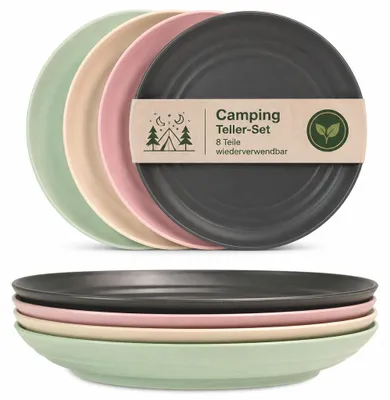 Produktbild von Hausfelder Teller Geschirr Set, Camping Teller Set 8 Personen 20 cm, 4teilig Kunststoff Kinder Teller Set, unzerbrechlich und wiederverwendbar aus Mehrweg Kunststoff (8 x ø20cm, 4-farbig)