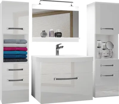 Produktbild von BELINI Badmöbel Vollausstattung Set Waschbeckenschrank, 2x Hochschrank, Waschbecken, Spiegel, Lampe (Weiß, Glänzend)