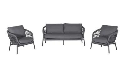 A three-piece lounge set consisting of a sofa and two armchairs, all in a dark gray woven material with matching cushions, displayed against a white background.