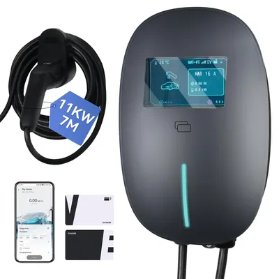 Produktbild von Puluomis Wallbox Ladestation 11kW Ladekabel 7m Typ 2 mit Halter,EV Ladegerät 3-phasig 6-16A einstellbar, IP65 mit Wlan & Bluetooth 24h Timer Grau