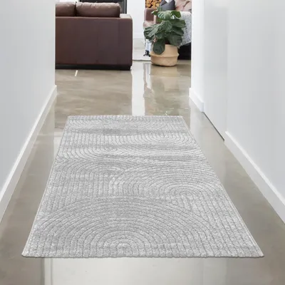 Produktbild von Design-Teppich mit minimalistischem Bogenmuster in stilvollem Grau Größe - 80 x 150 cm