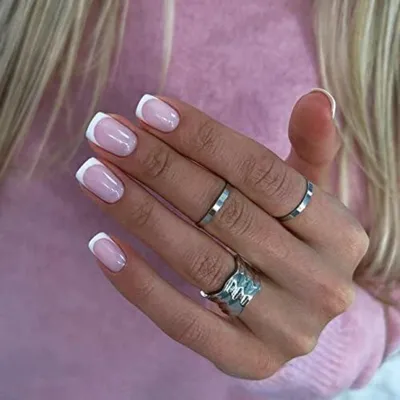 Produktbild von Künstliche Fingernägel Kurz Square Rose Nude Pink French Tip Acryl 24 Stück mit Kleber