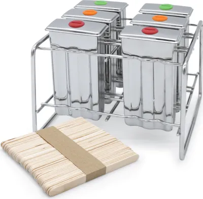 Produktbild von Eisformen aus Edelstahl wiederverwendbar inklusive 50 Holz Eisstiele - 6er Set - Popsicle Form mit Metall Ständer für Eis am Stiel - DIY Wassereis Förmchen
